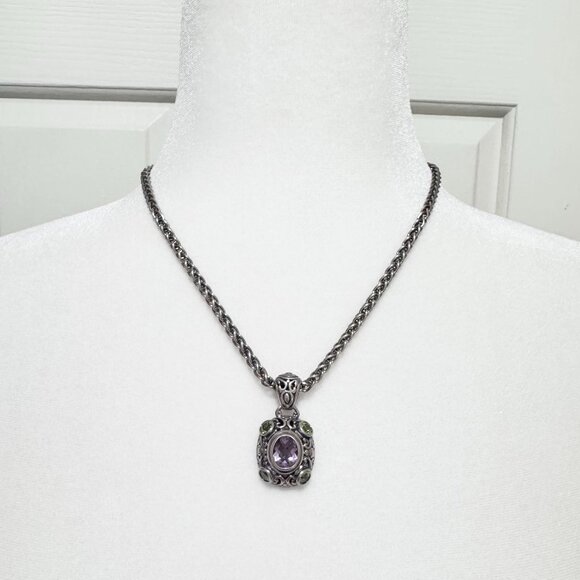 21-PJA2649-Signature-WG-YG-AM-  Vintage 925 Italy Amethyst Peridot Filigree Necklace 18\